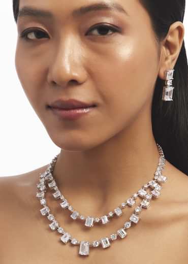 Silver Double Layered Necklace And Earrings Set