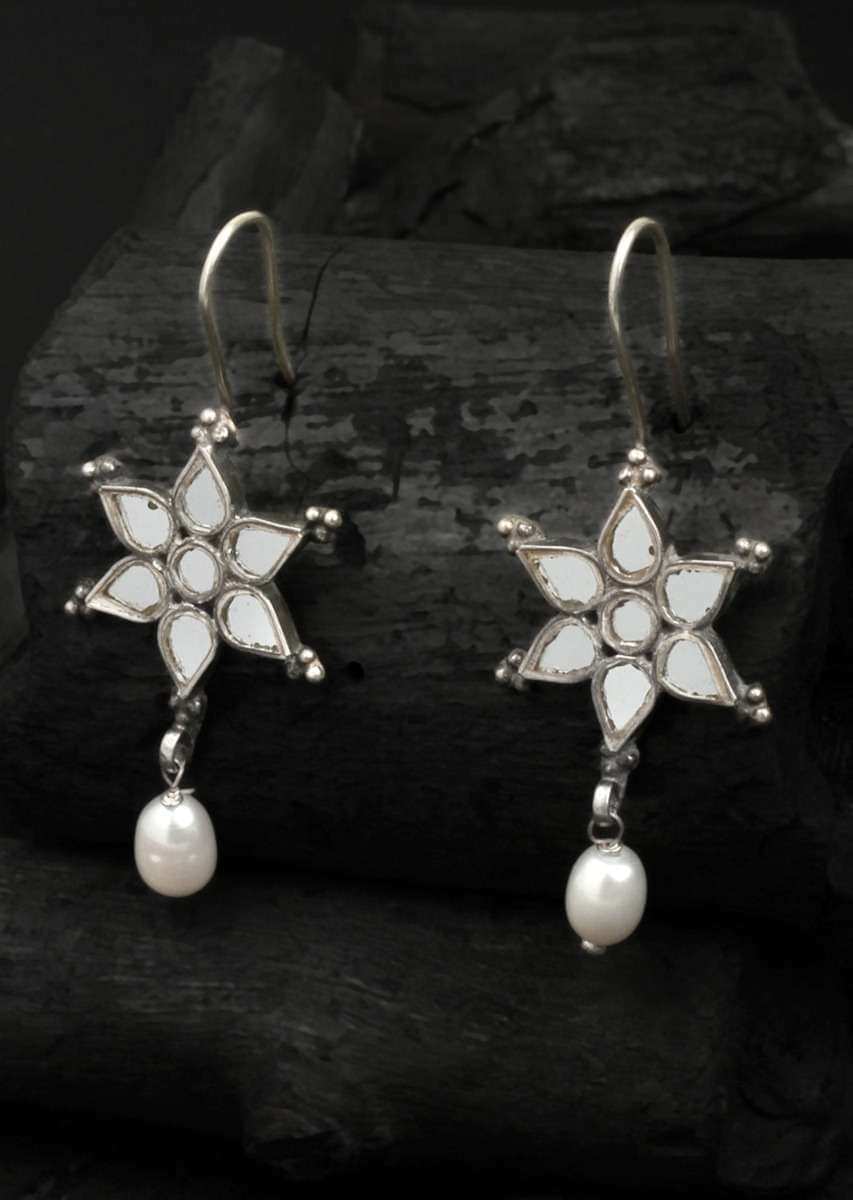 Silver Earrings In Floral Motif With White Beads And Dangling Pearl Made In Sterling Silver By Sangeeta Boochra