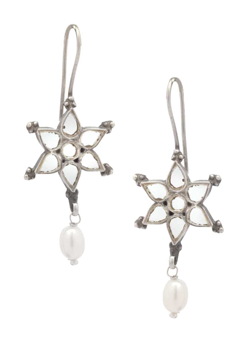 Silver Earrings In Floral Motif With White Beads And Dangling Pearl Made In Sterling Silver By Sangeeta Boochra