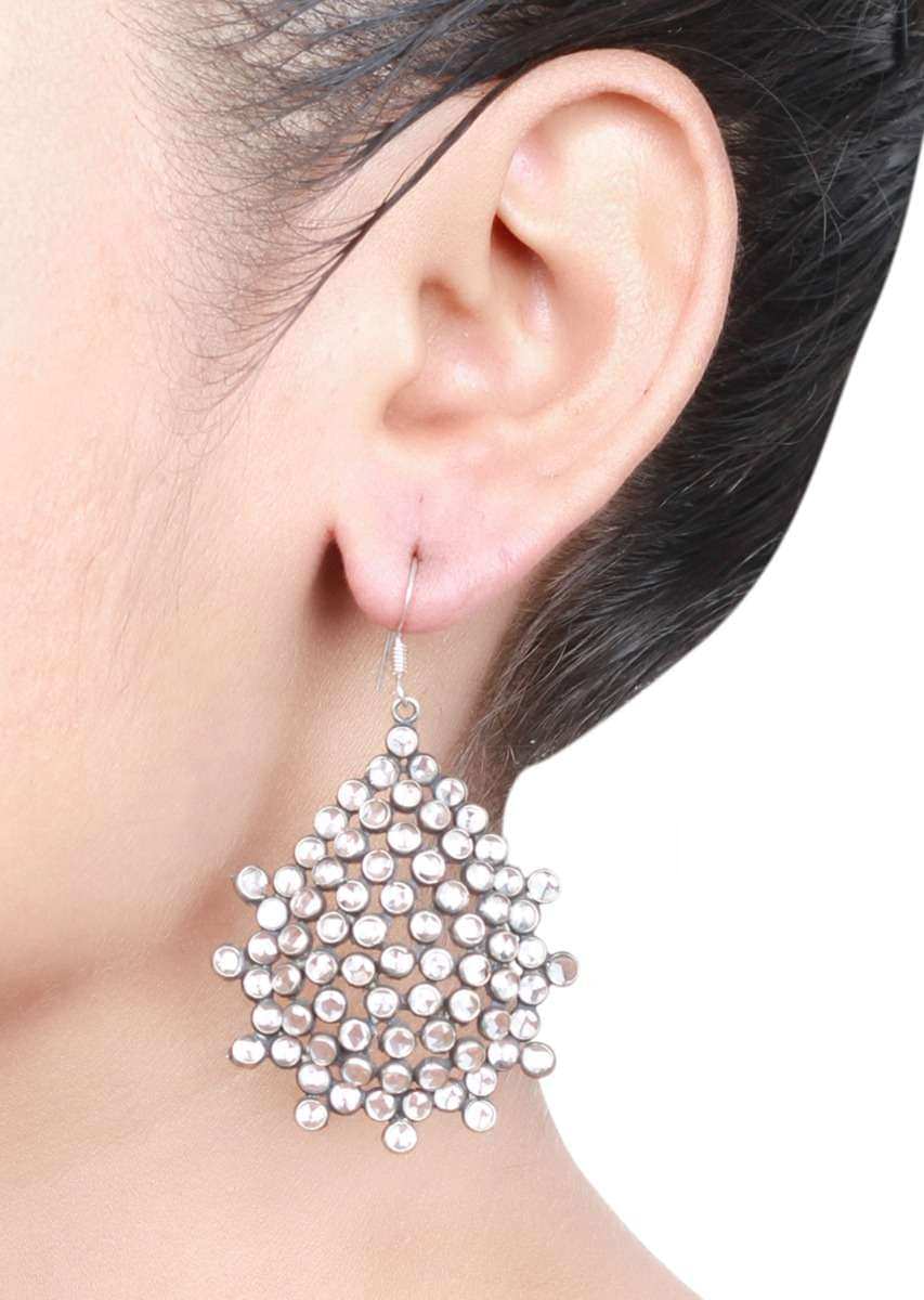 Silver Earrings In Tear Drop Shape Adorned With Checker Stone Made In Sterling Silver By Sangeeta Boochra