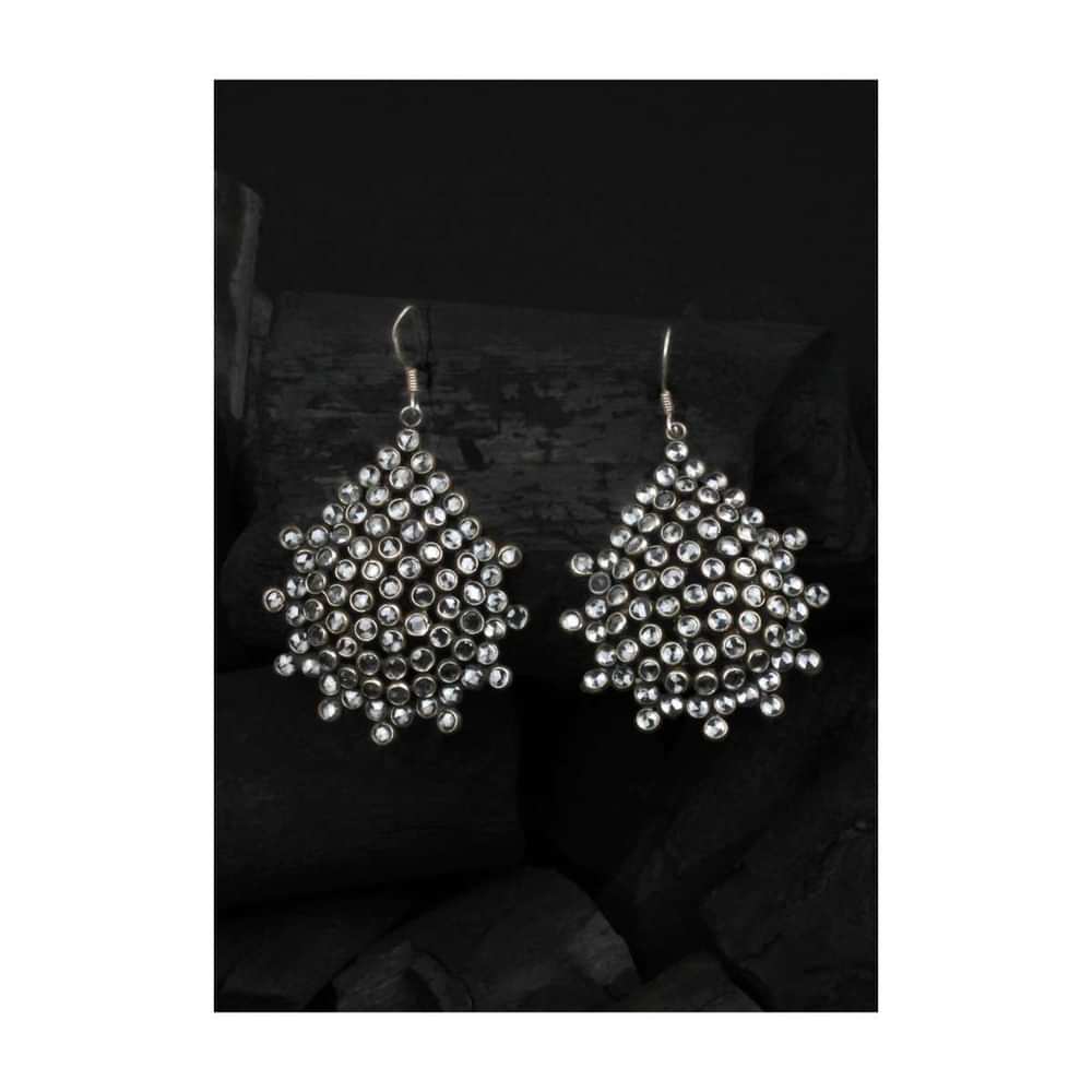 Silver Earrings In Tear Drop Shape Adorned With Checker Stone Made In Sterling Silver By Sangeeta Boochra