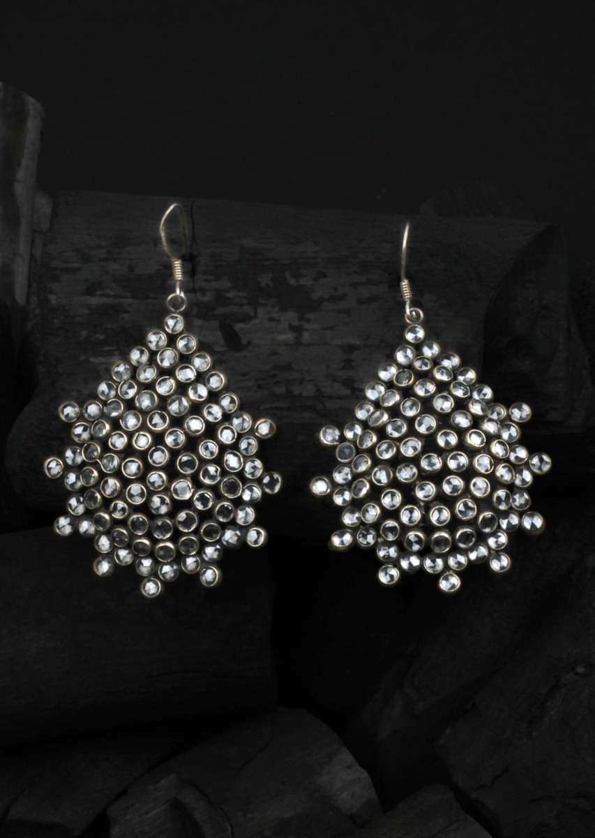 Silver Earrings In Tear Drop Shape Adorned With Checker Stone Made In Sterling Silver By Sangeeta Boochra
