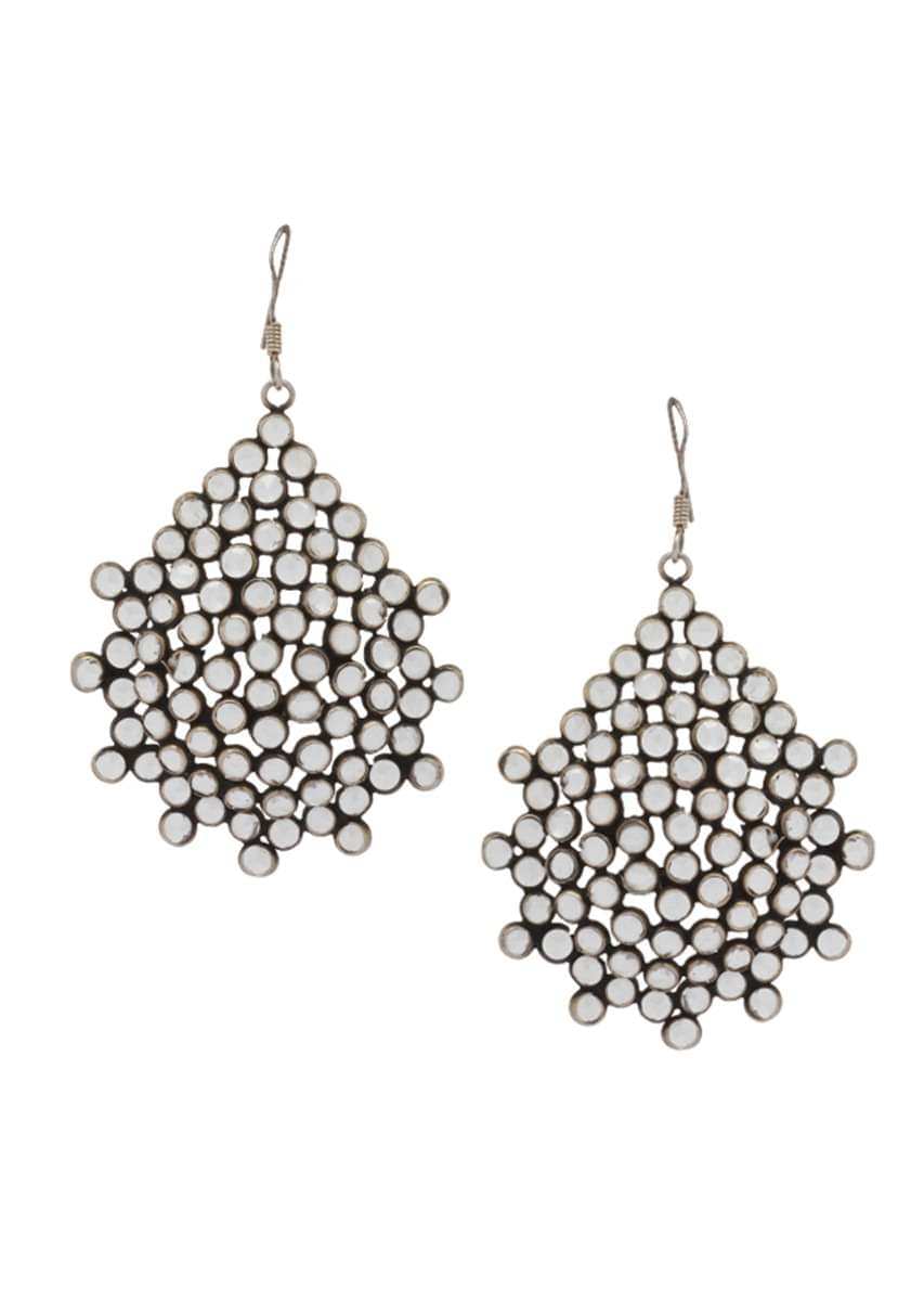 Silver Earrings In Tear Drop Shape Adorned With Checker Stone Made In Sterling Silver By Sangeeta Boochra