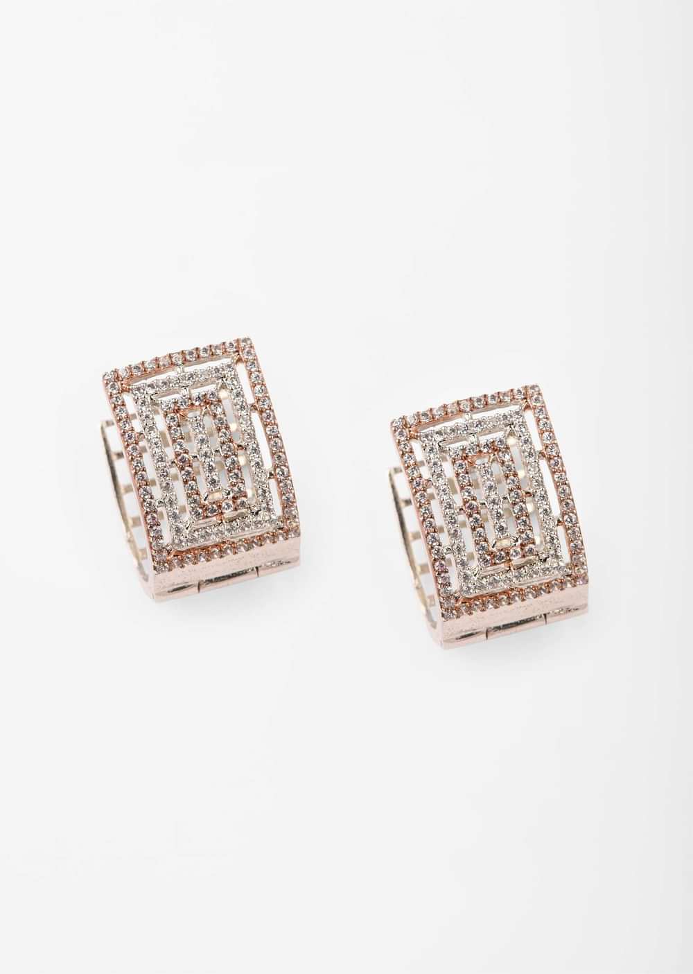 Silver Earrings With Rose Gold Plating And Swarovski Studded Geometric Design