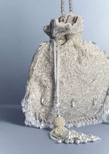 Silver Embellished Potli with Crystal Tassels