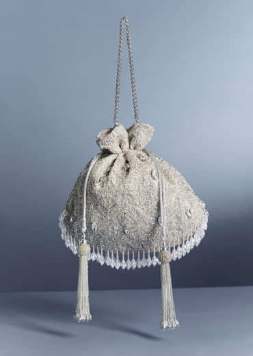 Silver Embellished Potli with Crystal Tassels