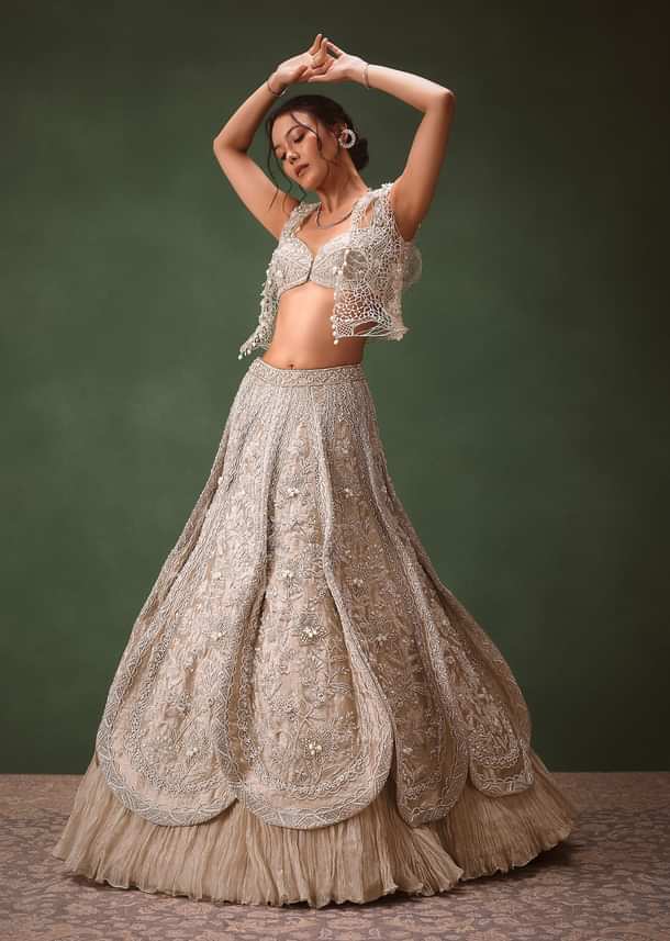 Silver Embroidered Lehenga With Blouse And Jacket