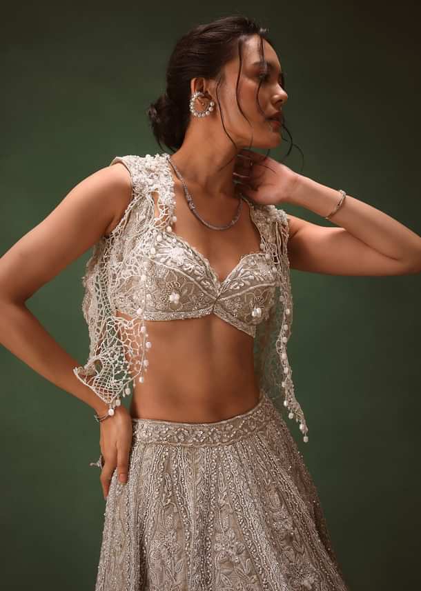 Silver Embroidered Lehenga With Blouse And Jacket