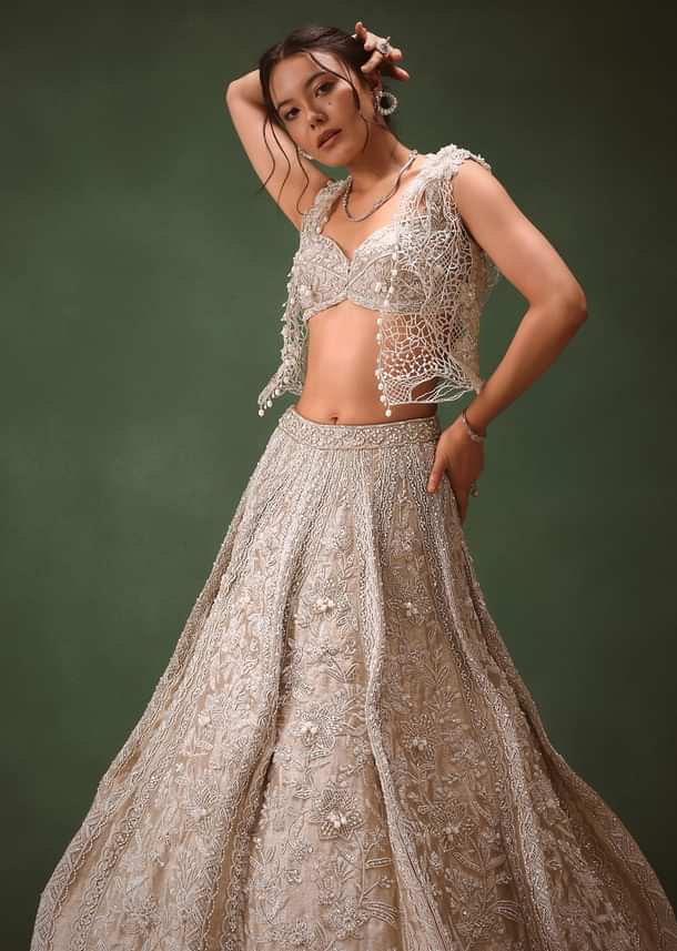 Silver Embroidered Lehenga With Blouse And Jacket