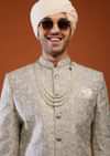 Silver Grey Sherwani Set In Tussar Silk
