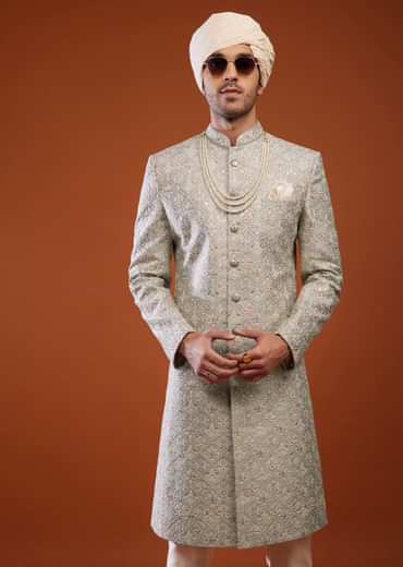 Silver Grey Sherwani Set In Tussar Silk