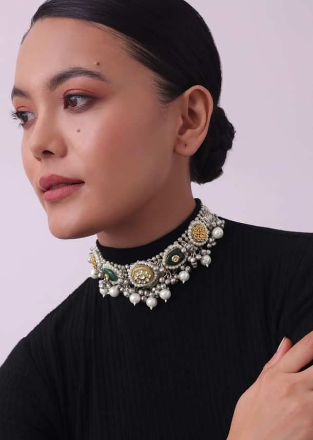 Silver Finish Choker And Earring Set Infused With Kundan Work And Pearls Silver Finish Choker And Earring Set Infused With Kundan Work And Pearls