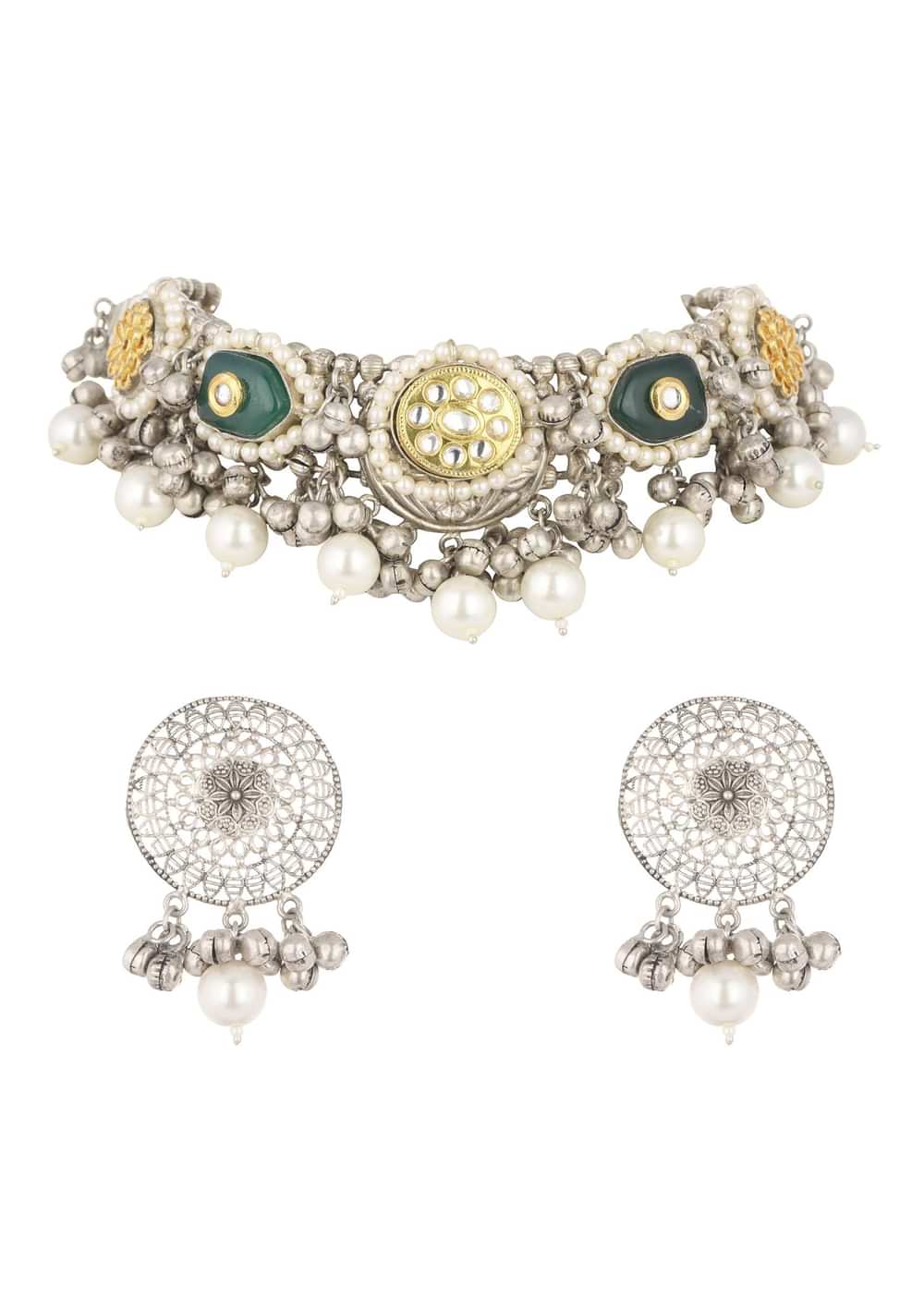 Silver Finish Choker And Earring Set Infused With Kundan Work And Pearls