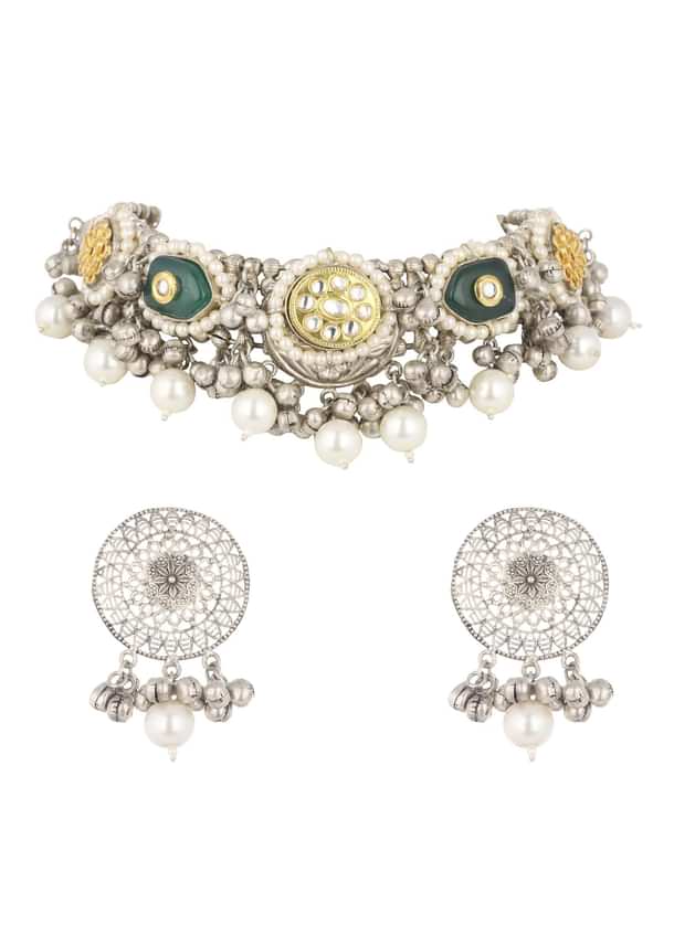 Silver Finish Choker And Earring Set Infused With Kundan Work And Pearls Silver Finish Choker And Earring Set Infused With Kundan Work And Pearls