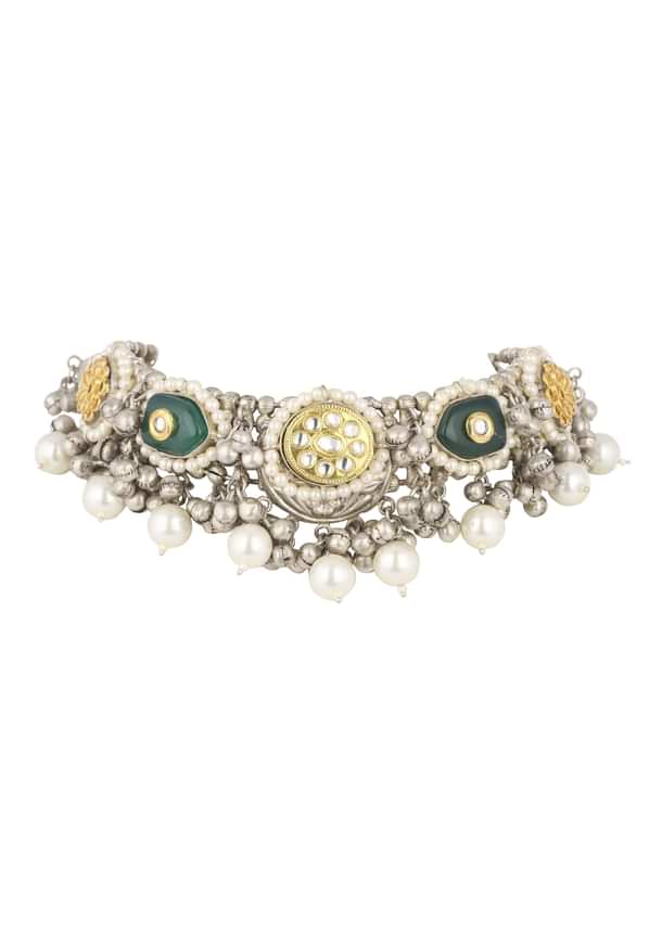 Silver Finish Choker And Earring Set Infused With Kundan Work And Pearls Silver Finish Choker And Earring Set Infused With Kundan Work And Pearls
