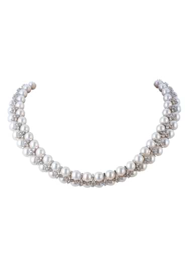 Silver Finish Diamond And Pearl Necklace