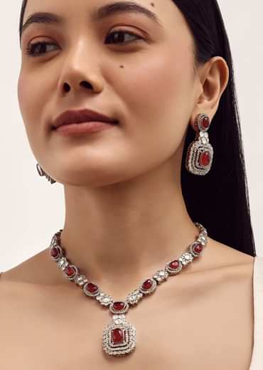 Silver Finish Kundan Necklace Set With Ruby Stone