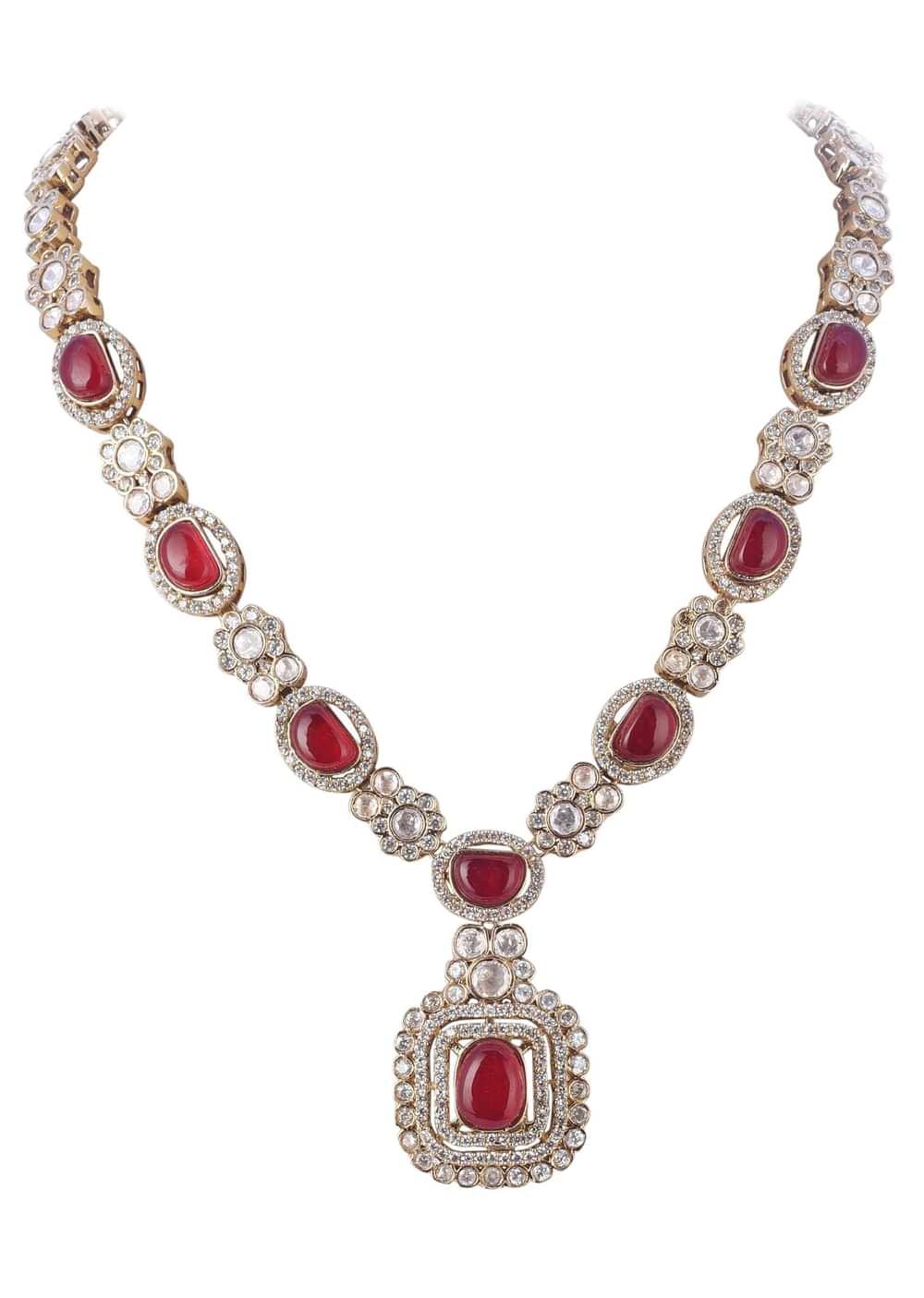 Silver Finish Kundan Necklace Set With Ruby Stone