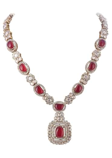 Silver Finish Kundan Necklace Set With Ruby Stone