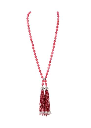 Silver Finish Beaded Long Necklace With Ruby Tassel In Mix Metal