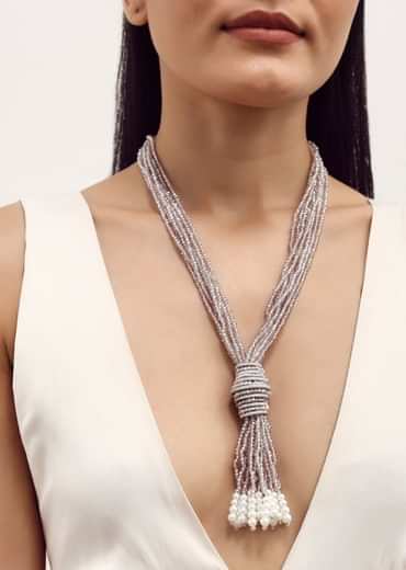 Silver Finish Long Necklace With Tassel In Mix Metal