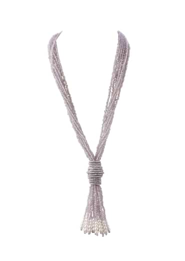 Silver Finish Long Necklace With Tassel In Mix Metal