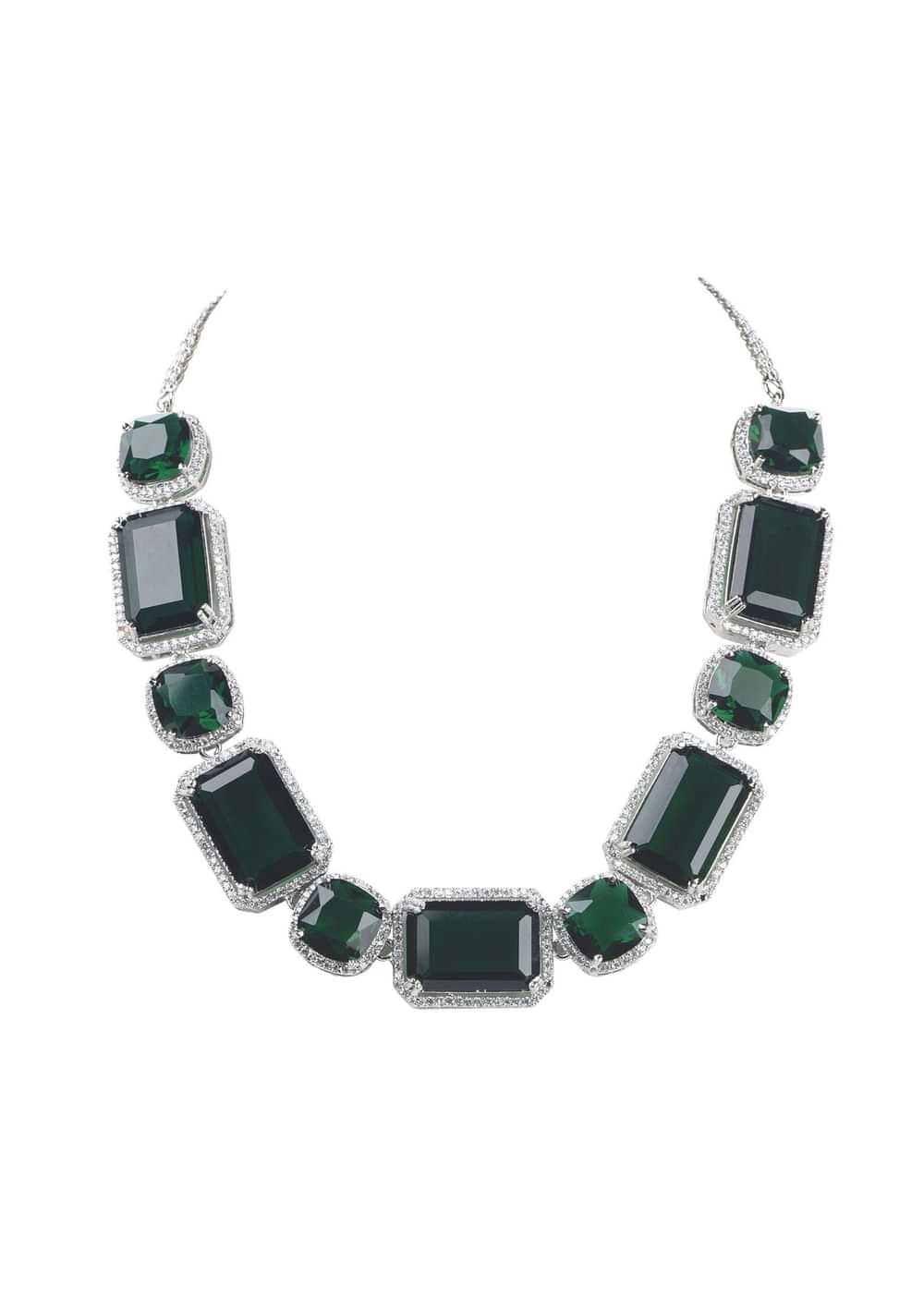 Silver Finish Necklace And Earring Set Studded With Green Synthetic Stones