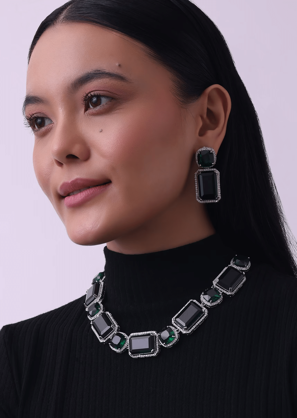 Silver Finish Necklace And Earring Set Studded With Green Synthetic Stones