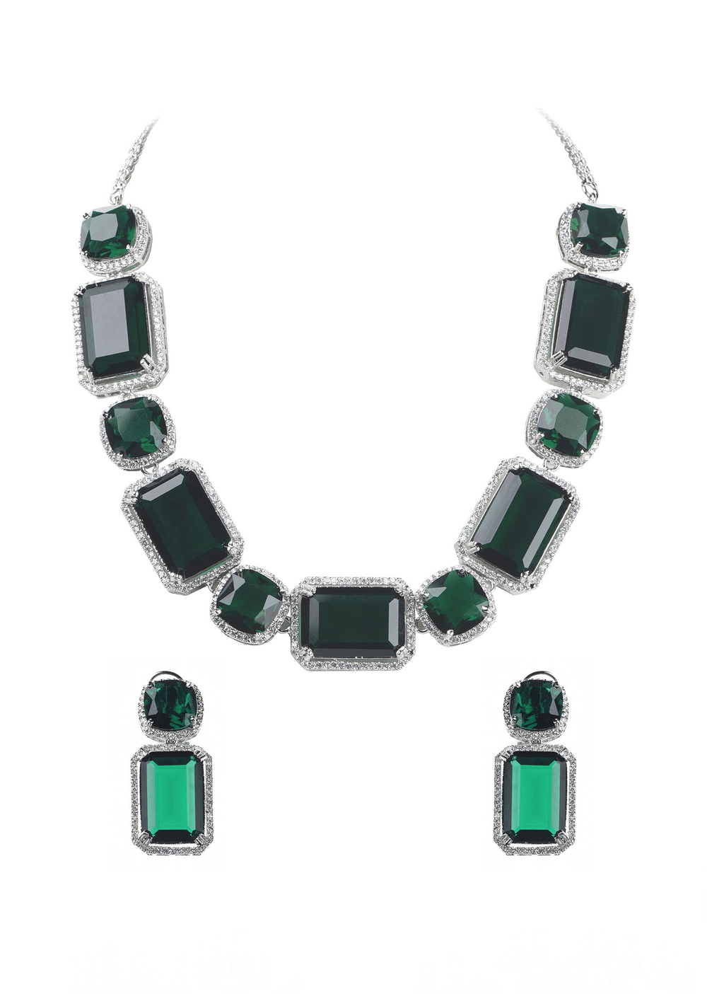Silver Finish Necklace And Earring Set Studded With Green Synthetic Stones