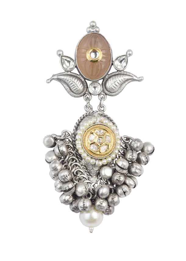 Silver Finish Orange Oxidsed Danglers With Meenakari And Carved Detail Silver Finish Orange Oxidsed Danglers With Meenakari And Carved Detail