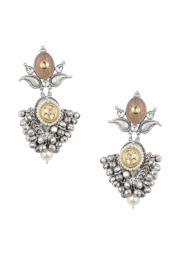Silver Finish Orange Oxidsed Danglers With Meenakari And Carved Detail Silver Finish Orange Oxidsed Danglers With Meenakari And Carved Detail