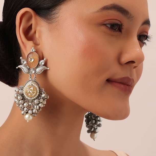 Silver Finish Orange Oxidsed Danglers With Meenakari And Carved Detail Silver Finish Orange Oxidsed Danglers With Meenakari And Carved Detail
