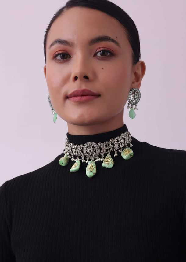 Silver Finish Oxidised Choker And Earring Set With Engraved Stones Silver Finish Oxidised Choker And Earring Set With Engraved Stones