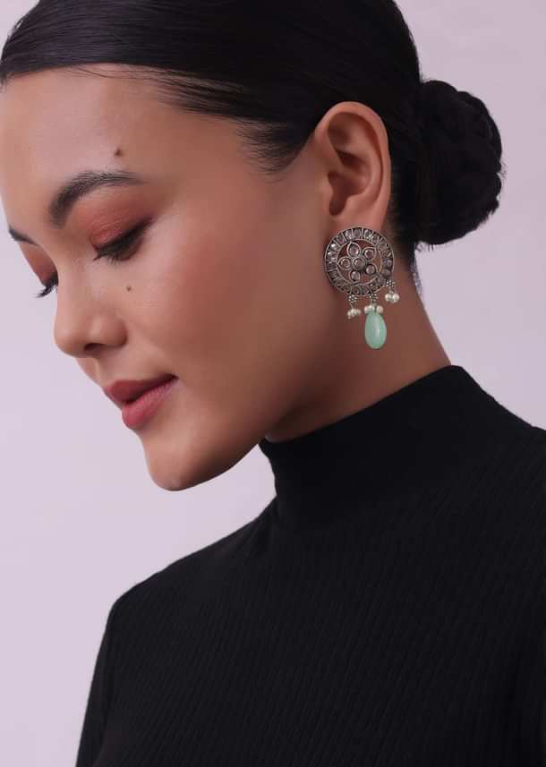 Silver Finish Oxidised Choker And Earring Set With Engraved Stones Silver Finish Oxidised Choker And Earring Set With Engraved Stones