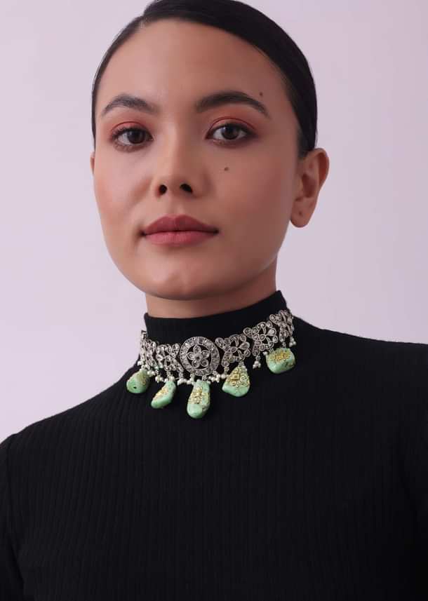 Silver Finish Oxidised Choker And Earring Set With Engraved Stones Silver Finish Oxidised Choker And Earring Set With Engraved Stones