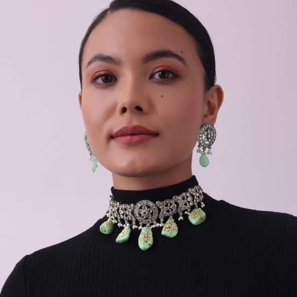 Silver Finish Oxidised Choker And Earring Set With Engraved Stones Silver Finish Oxidised Choker And Earring Set With Engraved Stones