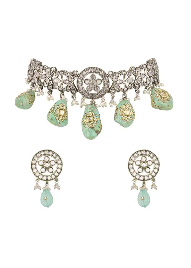 Silver Finish Oxidised Choker And Earring Set With Engraved Stones Silver Finish Oxidised Choker And Earring Set With Engraved Stones