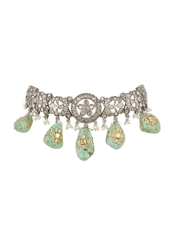 Silver Finish Oxidised Choker And Earring Set With Engraved Stones Silver Finish Oxidised Choker And Earring Set With Engraved Stones