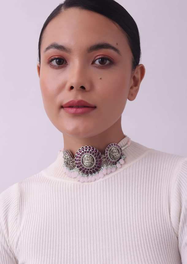 Silver Finish Oxidised Choker Set With Meenakari Work Silver Finish Oxidised Choker Set With Meenakari Work