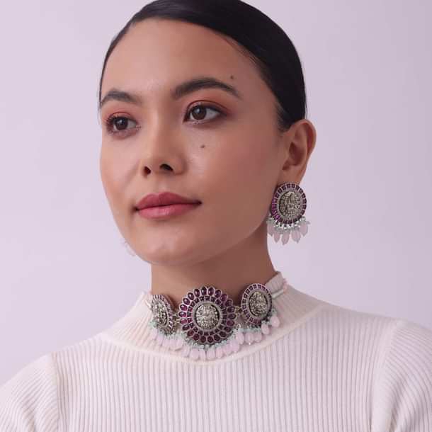 Silver Finish Oxidised Choker Set With Meenakari Work Silver Finish Oxidised Choker Set With Meenakari Work
