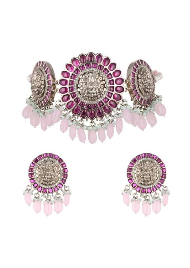 Silver Finish Oxidised Choker Set With Meenakari Work Silver Finish Oxidised Choker Set With Meenakari Work