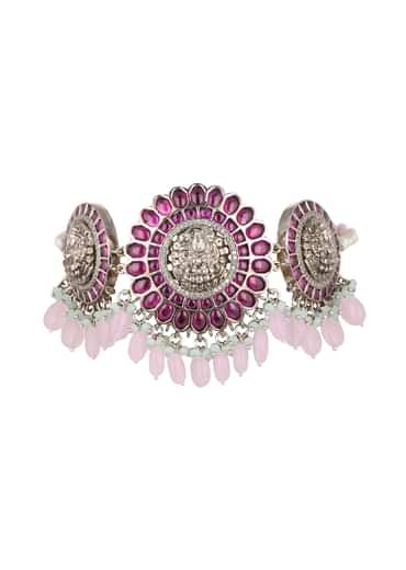 Silver Finish Oxidised Choker Set With Meenakari Work