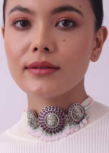 Silver Finish Oxidised Choker Set With Meenakari Work