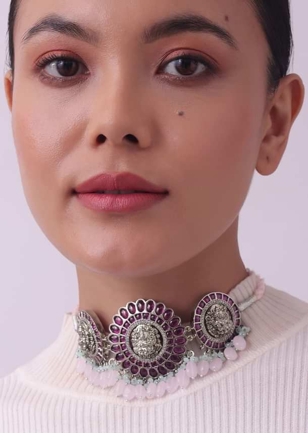 Silver Finish Oxidised Choker Set With Meenakari Work Silver Finish Oxidised Choker Set With Meenakari Work