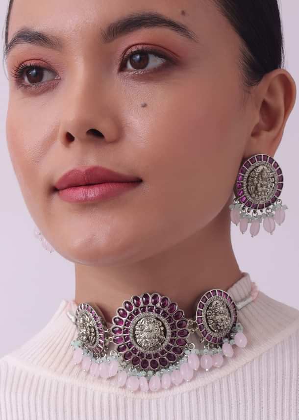 Silver Finish Oxidised Choker Set With Meenakari Work Silver Finish Oxidised Choker Set With Meenakari Work