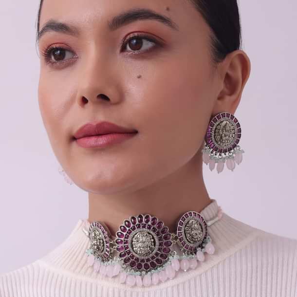 Silver Finish Oxidised Choker Set With Meenakari Work Silver Finish Oxidised Choker Set With Meenakari Work