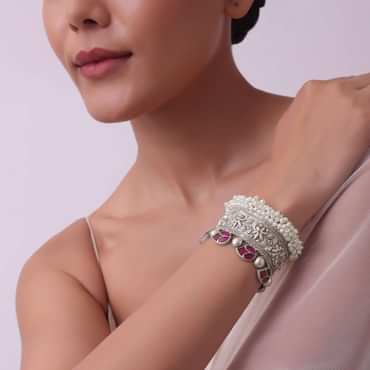 Silver Finish Oxidised Kada With Meenakari Work