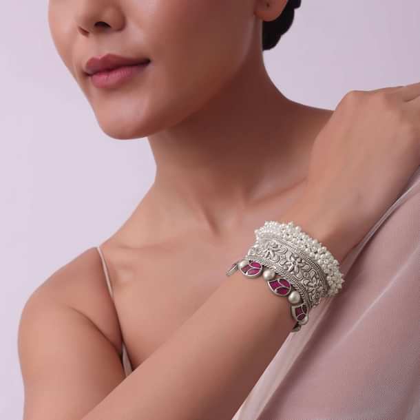 Silver Finish Oxidised Kada With Meenakari Work Silver Finish Oxidised Kada With Meenakari Work