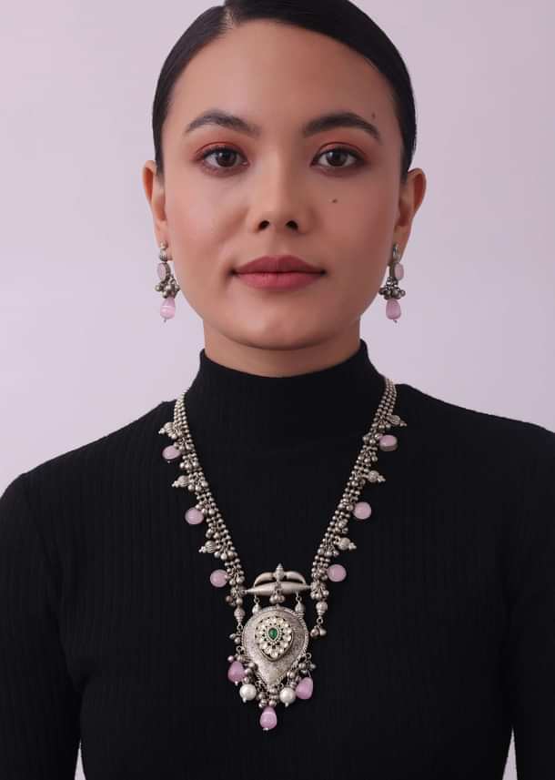 Silver Finish Oxidised Long Necklace Set With Beads Silver Finish Oxidised Long Necklace Set With Beads
