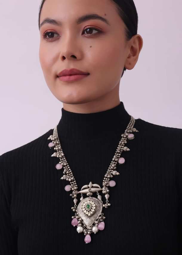 Silver Finish Oxidised Long Necklace Set With Beads Silver Finish Oxidised Long Necklace Set With Beads